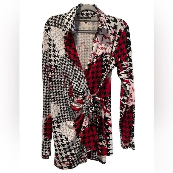 Max & Rina Houndstooth‎ Suplice Wrap Long Sleeve Blouse Black White Red Small - Picture 1 of 8